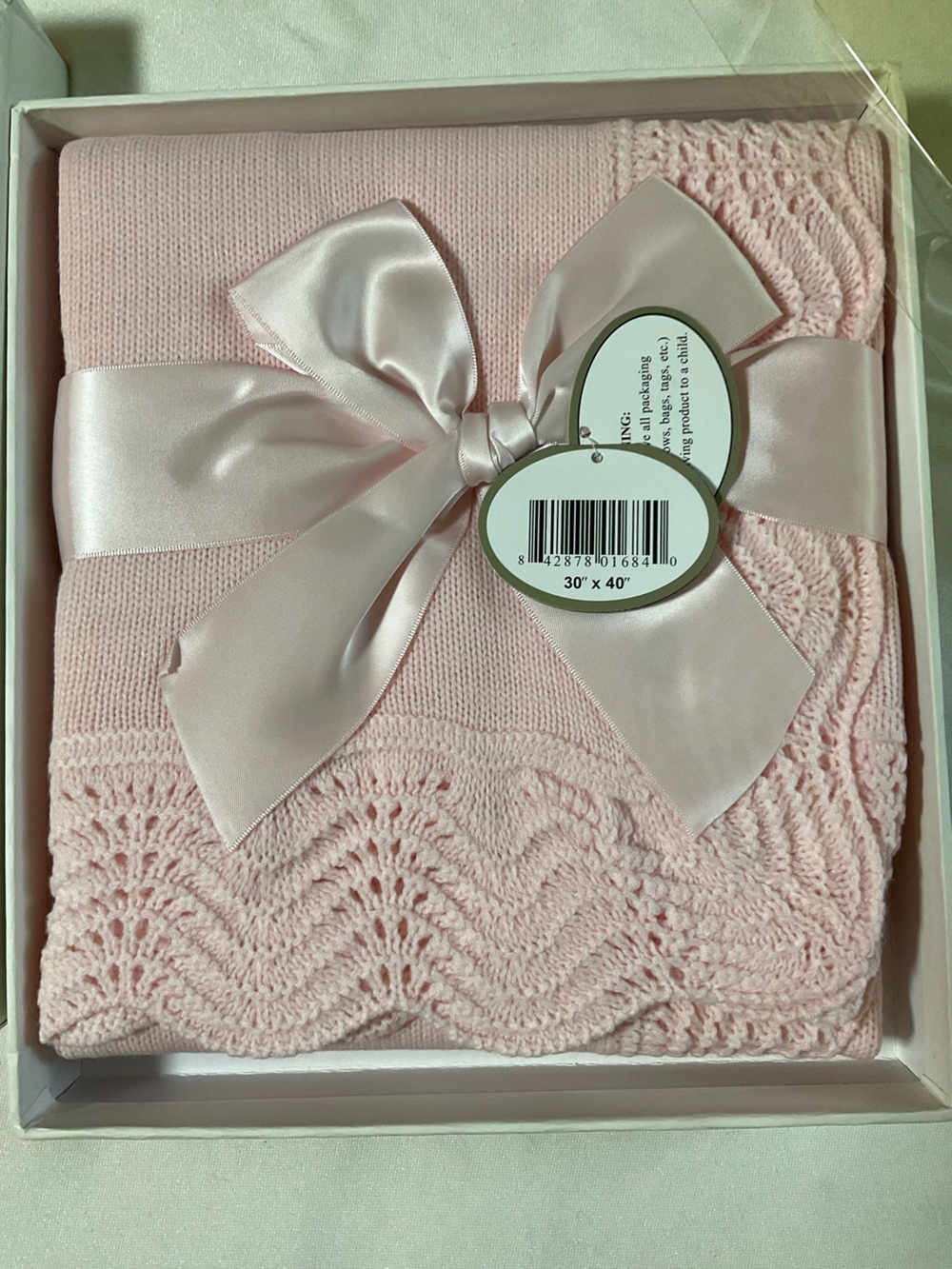 Luxury Soft Knit Baby Throw Blanket in Light Pink with Satin Bow Vintage